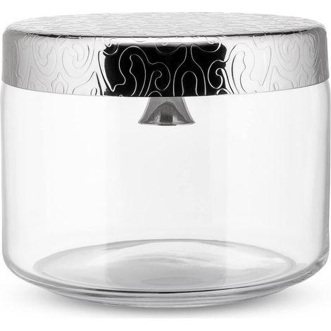 Alessi MW29 "Dressed", Biscottiera in vetro. Coperchio in acciaio inossidabile 18/10 lucido con campanella e decoro a rilievo. (1/5)