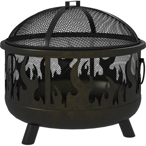 Feuerschale 2-In-1 Feuerkorb Mit Funkenschutz & Grillrost, Für Garten Bbq, Metall, Schwarz, Ø61X55Cm