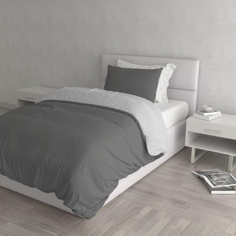 Housse de couette double-face couleur unie avec taies d'oreiller, 100 % Coton, Gris Clair/Gris foncé, single (1/5)