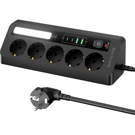 Multiprise de Table 5 Prises avec 4 Ports USB (2 Ports USB A+2 Ports USB C), Multiprise Parafoudre avec Lumière LED, Prise d'Angle avec Interrupteur et Câble 1.8 M pour Bureau, Maison (Noir) (1/5)