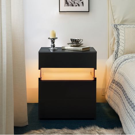 Table de chevet 3 tiroirs noire en bois d'ingénierie avec éclairage LED RGB et panneau acrylique (1/5)