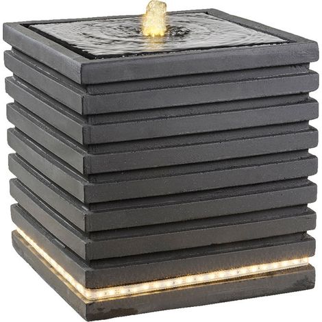 Fontaine de jardin en composite GRC anthracite 35x35cm – Utilisation extérieure – Éclairage LED blanc chaud 82 LED – Classe IP44 – Kaemingk