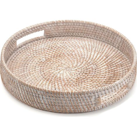 2 Plateaux Ronds En Rotin Avec Poignées, Tissage Naturel Blanc, Pour Salon Et Cuisine, 34 Cm Et 30 Cm