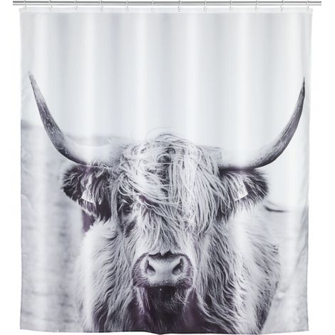Rideau de douche original Yak, Rideau de douche 180x200 cm, lavable en machine et waterproof, 12 anneaux rideau de douche en plastique blanc inclus, 100% polyester, 180x200 cm, gris (1/5)