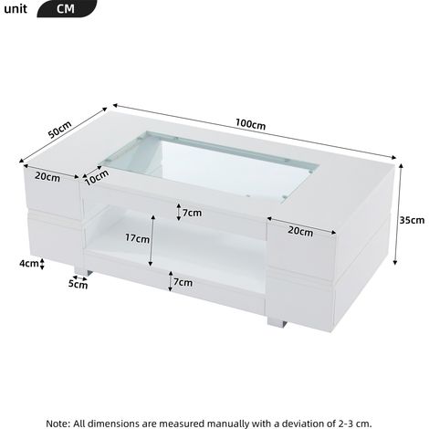 Mesa de centro LED 100x50x35 cm blanca, almacenaje abierto, vidrio templado y madera MEUBLIV (1/5)