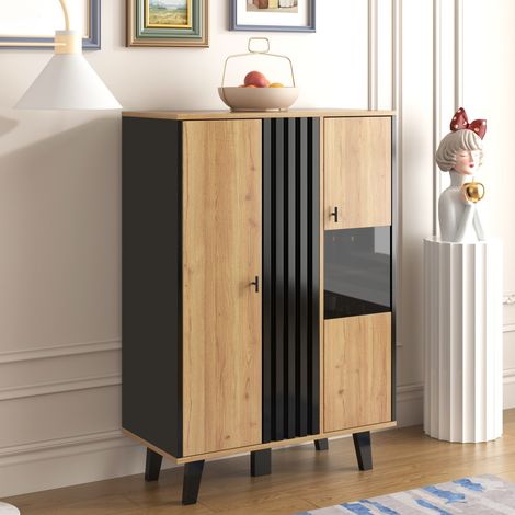 Vitrina con iluminación LED y cristal - 80 x 40 x 120 cm - 2 puertas con diseño de listones elegante - Madera natural y negra (1/5)
