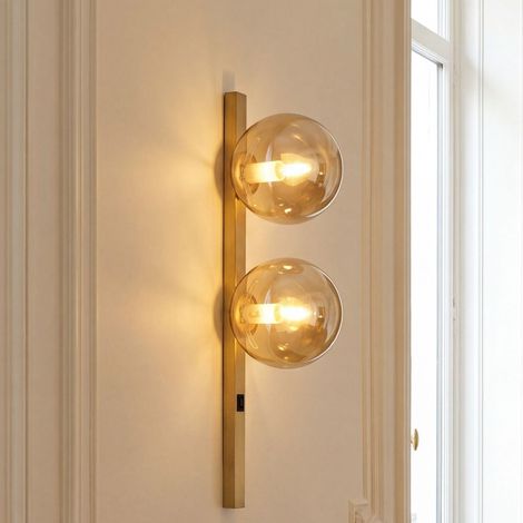 Wandlampe mit Schalter H: 60 cm in Gold Bernstein E14 2-flammig Metall Glas Kugelschirm Wandleuchte