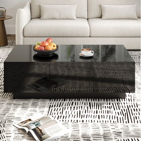 Tavolino da caffè in truciolare nero 100x31x50 cm, finitura lucida parziale, con cassetti e vani scorrevoli (1/5)