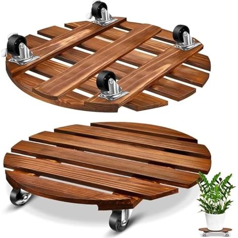 2 supports de plantes en bois avec roues, 30 cm, socle roulant rond, lourd, mobile, avec roulettes verrouillables en métal, pour pots de fleurs intérieur/extérieur (1/5)