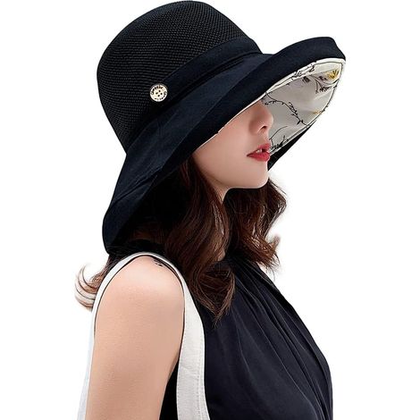 Chapeau de soleil en maille pour femme - Protection UV UPF - Large bord - Sangle menton (1/5)