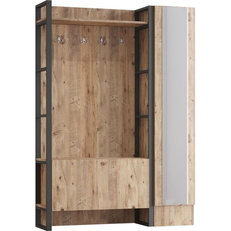 Meuble d'entrée style Industriel Alberka 1 porte à droite avec miroir Métal noir et Chêne clair (1/5)