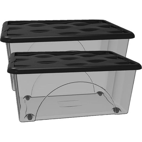 2 Scatole Multiuso 60x40x25 Organizer Box Portaoggetti Contenitore 45 LT STORAGE Salvaspazio con Coperchio Nero e 4 Ruote Sovrapponibile cassa organizzazione cesta indumenti Casa Bagno Ufficio (1/5)
