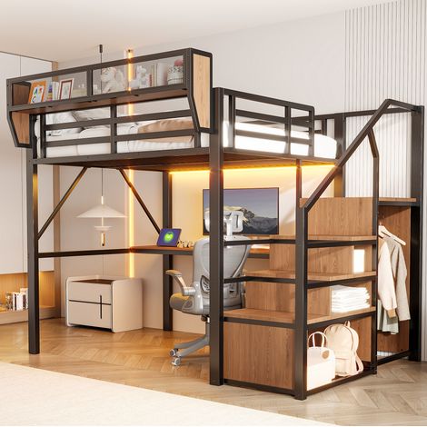 Letto a soppalco 140 x 200 cm con scrivania, LED, scala di sicurezza e vani, nero DESVIAE