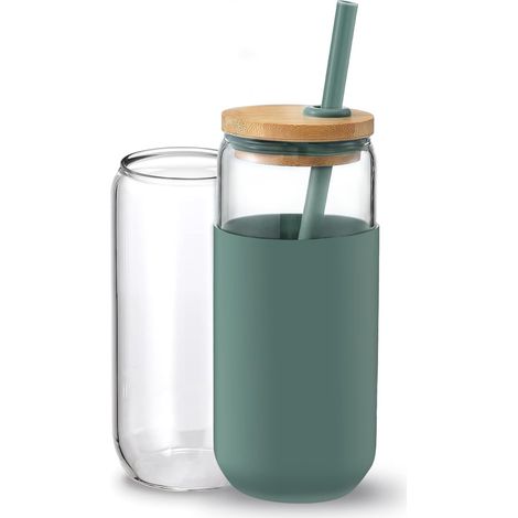 Gobelet isotherme en verre de 590 ml avec manchon de protection en silicone, paille et couvercle en bambou (1 unité) (Bleu Cambridge)