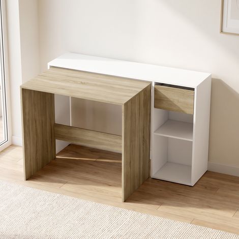 Bureau d'Ordinateur Gigogne Lot de 2, Bureau Informatique 80/117 cm avec Tiroir et Étagères Ouvertes, Blanc et Chêne (1/5)