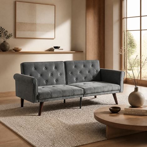 Divano letto 2 posti in velluto grigio, schienale regolabile 5 posizioni, 172 x 89 x 70 cm HAVRYA (1/5)