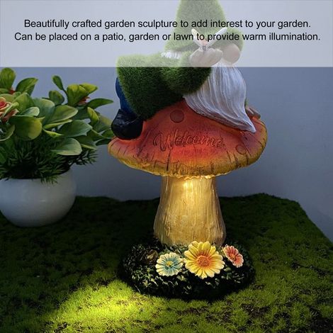 Statue de jardin gnome avec lamp mushroom lumineuse, sculpture résine décorative avec lumière douce pour extérieur (1/5)
