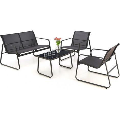 Black Forest Ensemble mobilier de jardin 2 fauteuils + transat + table pliante en textilène noir Extérieur et terrasse (1/5)
