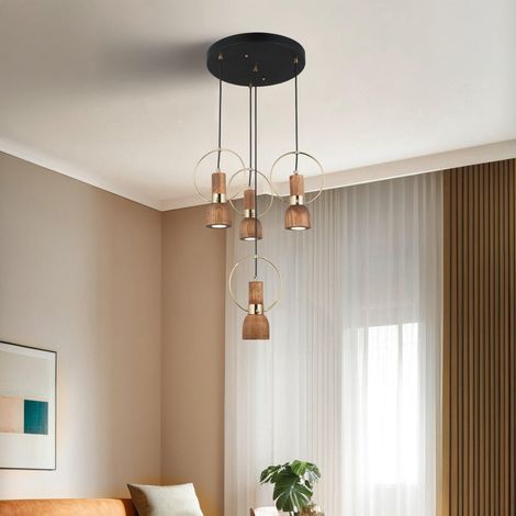 lustre chromé avec capuchon en bois, hauteur réglable de 50 à 172 cm, 4 ampoules GU10 incluses, corps en métal, IP20, pour les intérieurs modernes (1/3)