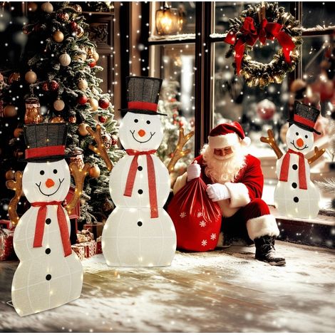 Décoration de Noël bonhomme de neige 3 pièces avec LED, IP44, acier, OKMYHOME (1/5)