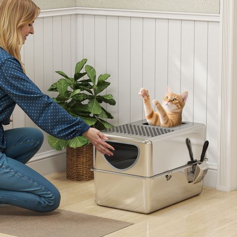 Design Bac à sable XL en acier inoxydable pour chat avec double ouverture pour pelle, facile à nettoyer Argent (1/4)