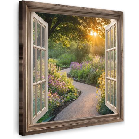 TABLEAU SUR TOILE Vue - Fleurs - Nature - Soleil - Chemin Décoration Salon 50x50 cm