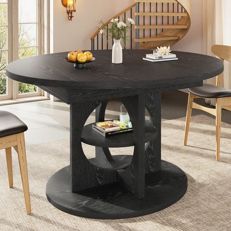 Table à manger extensible ovale, rangement intégré, 110-150 cm, finition bois noir, charge 60 kg, convertible ronde (1/5)