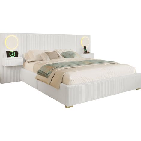 Cama 180x200 cm de terciopelo beige con cabecero LED, USB y almacenaje (1/5)