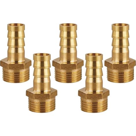 Cinco racores de latón para mangueras, con rosca externa de 10 mm x 1/2 pulgada, aptos para aire, gas, agua y combustible. (1/3)