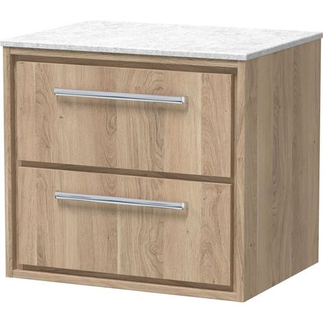 Longnor 2 Drawer Wall Hung Vanity Unit with White Marble Worktop, Light Oak, 600mm