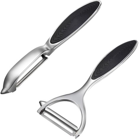 Juego de peladores de patatas de primera calidad: cuchillas de acero inoxidable ultra afiladas con mango ergonómico antideslizante, ideales para pelar patatas, frutas y verduras (2 piezas). (1/5)