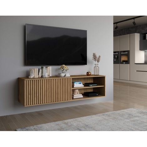 Bestmobilier – Meuble TV suspendu 150 cm – Effet bois contemporain – 2 niches de rangement – Résistant à l'humidité et aux rayures