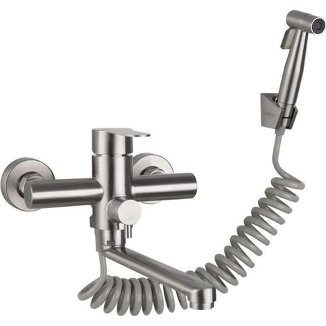 robinet mural avec douchette , avec pistolet, évier de cuisine, robinet en acier inoxydable, eau chaude / froide, bac à linge, rotatif (brossé)-longziming (1/5)