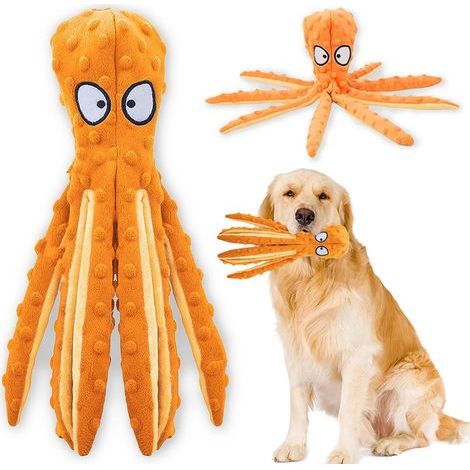 Jouet interactif pour chien Squeaky Dog, pieuvre à mâcher sans rembourrage avec papier crissant pour chiens moyens et grands. (1/5)