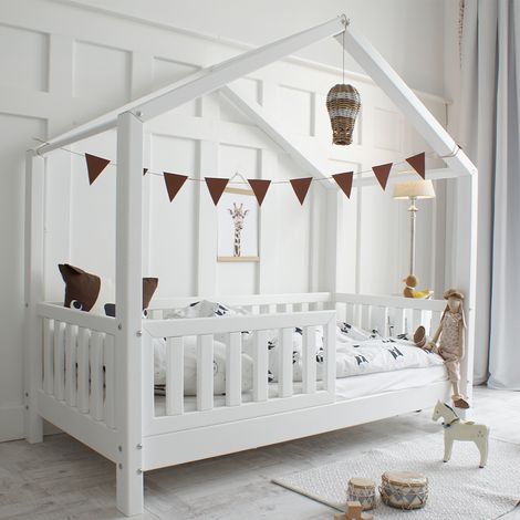 Letto cabana 90x200 con barriera e rete a doghe inclusa piedi 10 cm Roxane Bianco