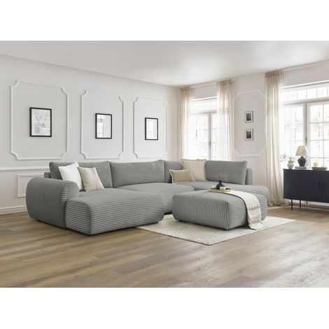 BOBOCHIC - Canapé panoramique convertible coffre LUCIEN gros côtelé doux avec pouf Angle gauche  Gris foncé (1/5)