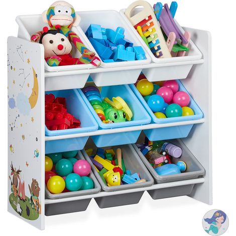 Etagère Enfants, 9 boîtes de Rangement, Motifs feu, MDF, Plastique, Meuble HxlxP 67 x 65 x 31,5 cm, coloré (1/5)
