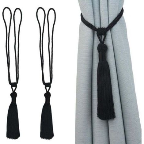Lot de 2 embrasses de Rideaux Faites à la Main en Corde avec Pompons pour décoration de Bureau Maison (Noir, 2)