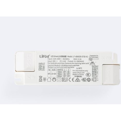 Driver LIFUD Regulable 0-10V 220-240V No Flicker Salida 25-42V 650-750mA 25-30W LF-ABA030-0750-42 30 W