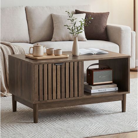CHICFURN Mesa de centro 80 cm estilo mid-century moderno MDF color nogal con almacenaje (1/5)