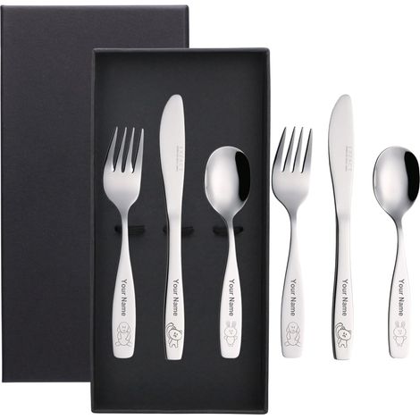 Kinderbesteck-Set aus Edelstahl, 6-teilig – Personalisierte Namensgravur – Hochglanzpolierter Stahl – Schwarze Geschenkbox (1/5)