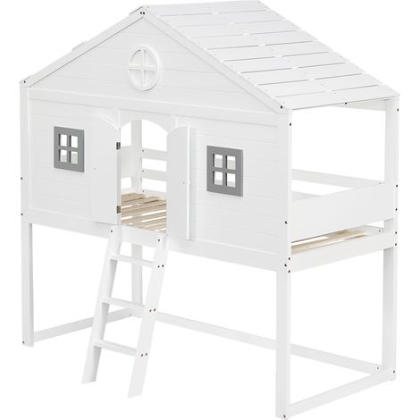 Lit maison avec escalier, protection antichute et garde-corps, deux fenêtres grises, lit enfant avec fenêtre, espace sous-lit modulable, cadre en pin, pin+MDF, blanc+gris, 90x200cm (1/5)