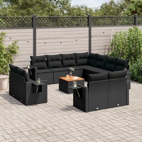 Ensemble de jardin 12 places en résine tressée noir, avec table acacia et rangements intégrés, meuble d'extérieur modulaire avec coussins (1/3)