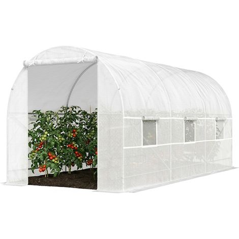 m² großes Gartentunnelgewächshaus mit Tür und 6 Fenstern, 140 g/m² PE-Folie, 445 x 200 x 200 cm, weiß
