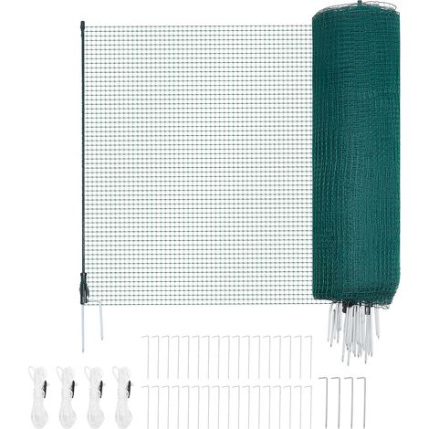 Mophorn Valla para pollos y perros, 0,9 m x 50 m, malla de seguridad ideal para jardines, incluye postes y estacas de doble punta, red plástica para protección de aves y cría de animales, verde (1/5)