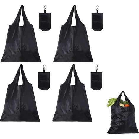 4 Pièces Sac de Courses Pliable et Réutilisable, Sacs Shopping Noir Léger, Étanche, Lavable (48 x 36,5 cm), pour Vos Courses, Voyages et Activités Quotidiennes, Reusable Shopper Bags (1/5)