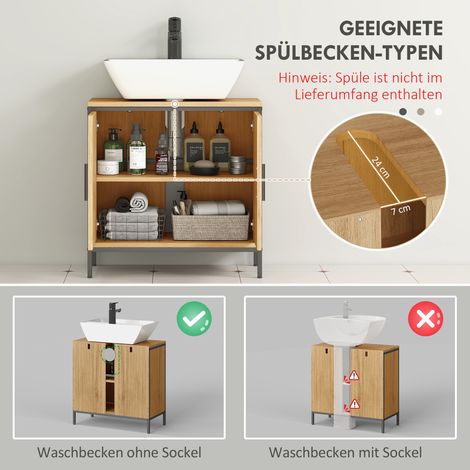 Meuble vasque salle de bain 2 portes, étagère ajustable, cadre en métal, pour lavabos sans plinthe, couleur chêne, 60x30x60 cm