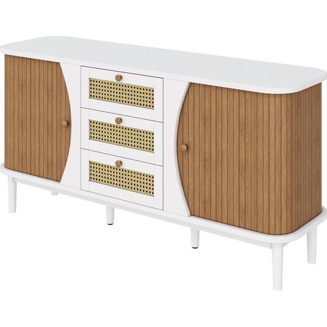 Credenza sideboard bianca e legno con 3 cassetti in rattan e ripiani regolabili (1/5)