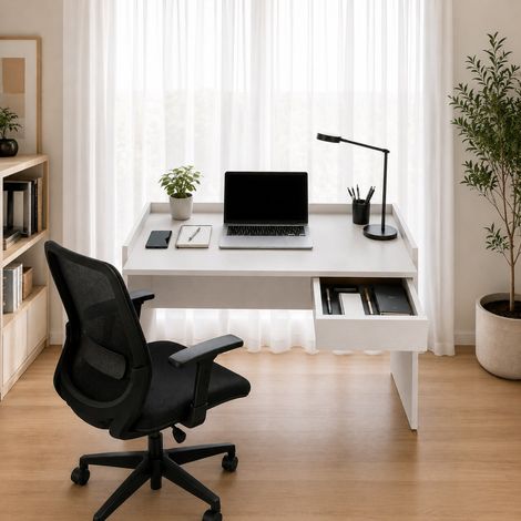 The White Stone Scrivania Bianca Moderna con Cassetto e Piano Effetto Cemento Scrivania PC Salvaspazio per Smart Working, Home Office e Studio Tavolo Computer 90x60x80 cm (1/5)
