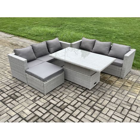 Fimous Polyrattan Gartenmöbel Set mit 2 Sofa, Höhe verstellbar Esstisch und Hocker Outdoor Terrassen Essgruppe Helles Grau (1/5)